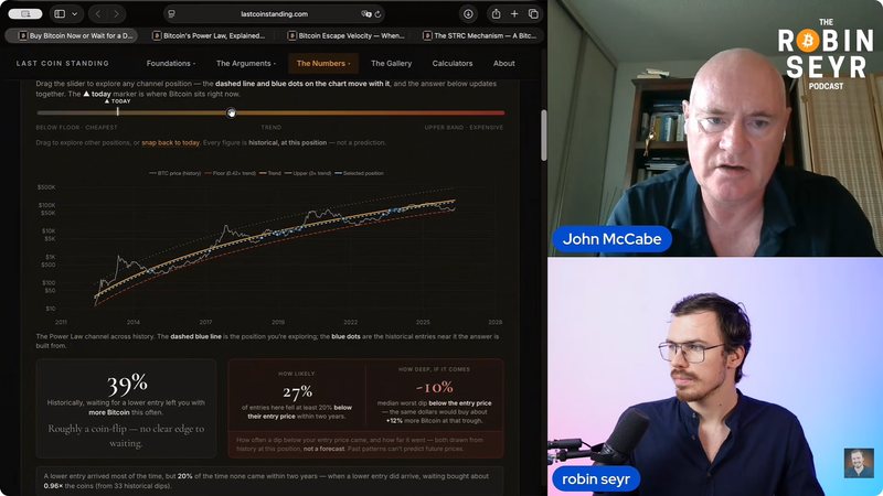 A frame from the interview: John McCabe and Robin Seyr, with a Last Coin Standing power-law page on screen